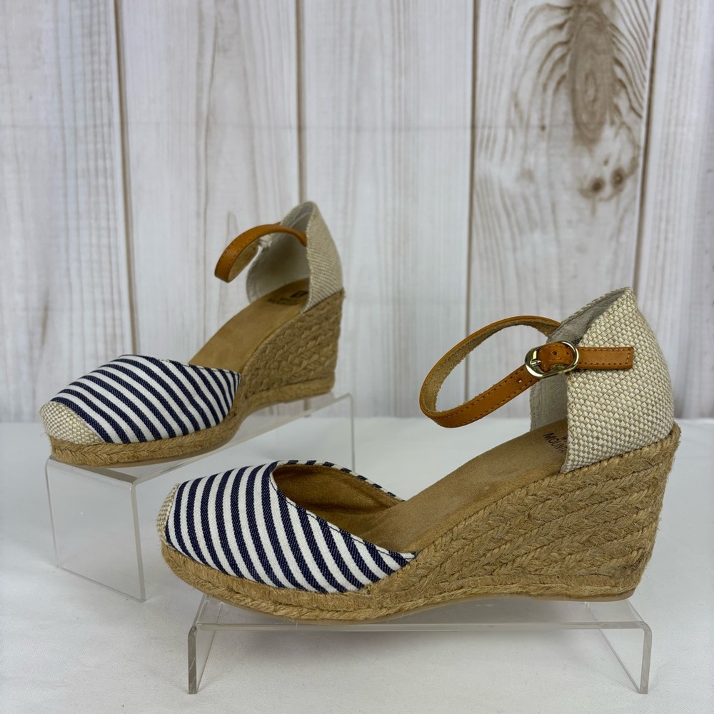 Nautical Espadrille Wedge Sandals Fabric Ankle Strap Platform Shoes Size 7.5